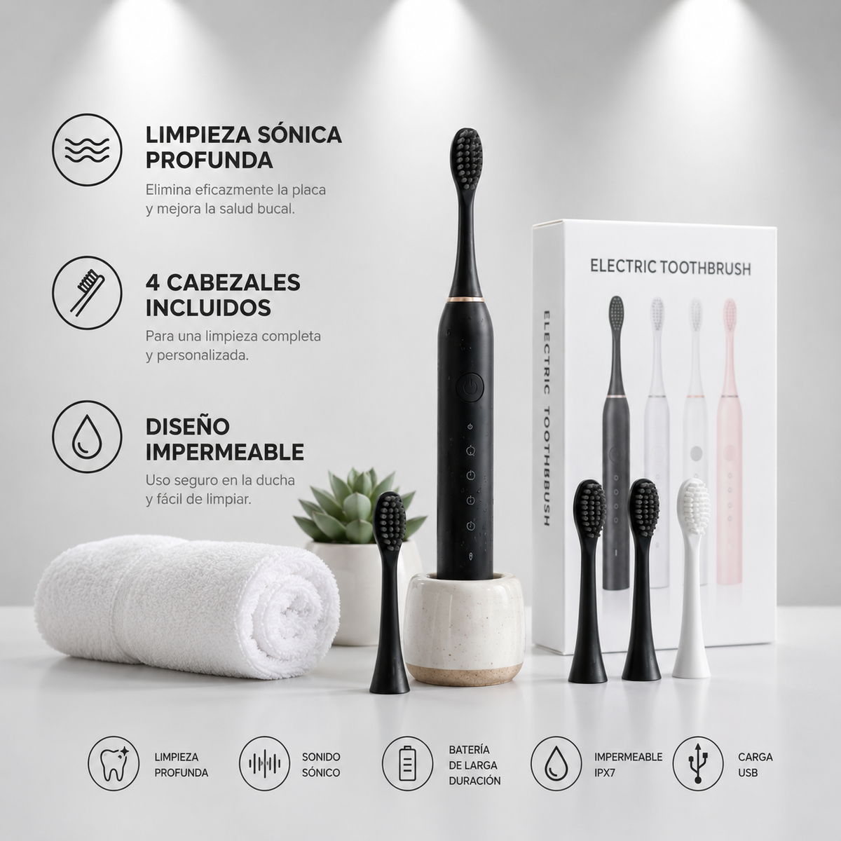 🦷✨ CEPILLO DE DIENTES ELÉCTRICO SÓNICO RECARGABLE + 4 CABEZALES